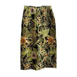 Nora Noh 100% Silk Tropical Floral Midi Skirt Black Green Orange Size 12